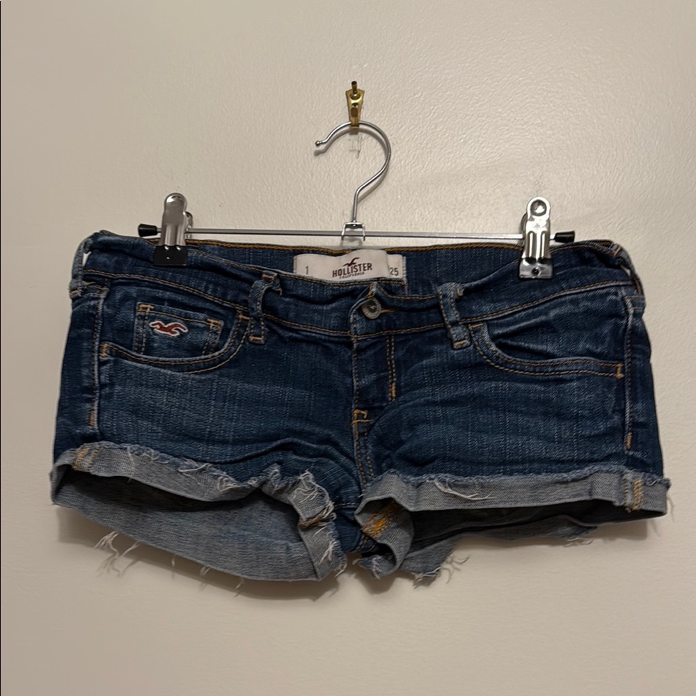 SOLD!!! Y2K Hollister Women's Dark Blue Jean Shorts with embroidery